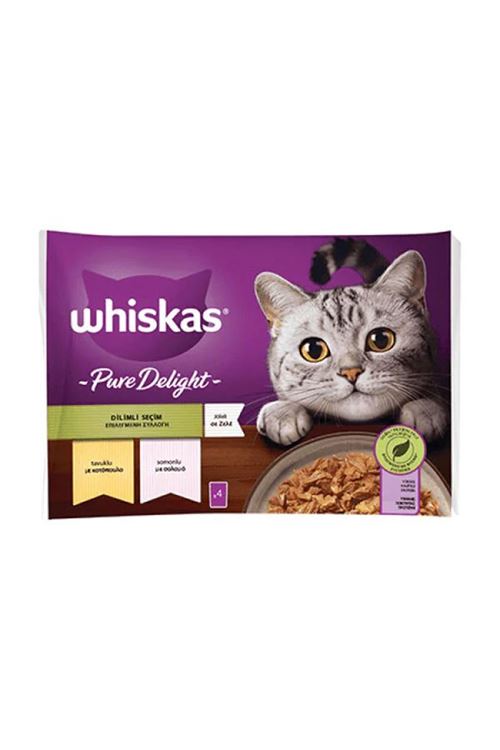 Whiskas Pouch Pure Delight Jöle İçerisinde Tavuklu ve Somonlu Yetişkin Konserve Kedi Maması 4 Adet 85 Gr