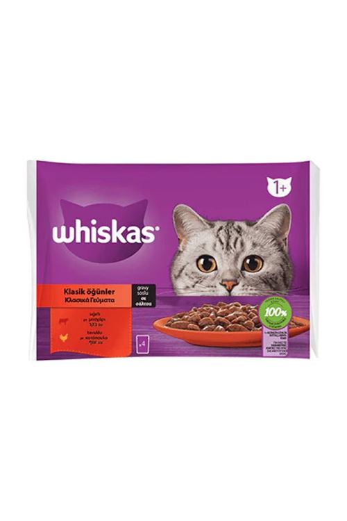 Whiskas Pouch Sos İçerisinde Sığır Etli ve Tavuklu Yetişkin Konserve Kedi Maması 4 Adet 85 Gr