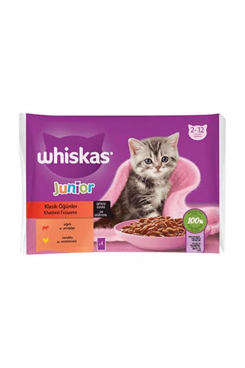 Whiskas Pouch Sos İçerisinde Sığır Etli ve Tavuklu Yavru Konserve Kedi Maması 4 Adet 85 Gr