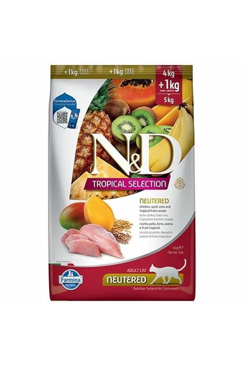 N&D Tropical Selection Tavuklu ve Tropikal Meyveli Kısırlaştırılmış Kedi Maması 4 Kg+1  Kg Hediyeli