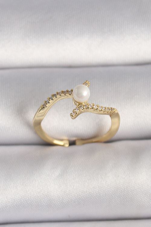 Pirinç Gold Renk Zirkon Taşlı İncili Ayarlanabilir Yüzük