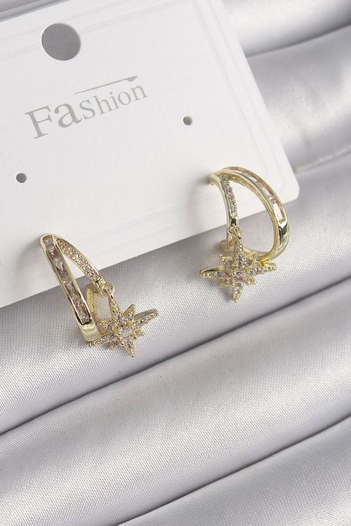 Pirinç Gold Renk Zirkon Taşlı Halka Model Yıldız Detay Kadın Küpe