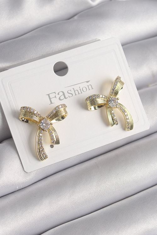 Pirinç Gold Renk Zirkon Taşlı Fiyonk Model Kadın Küpe