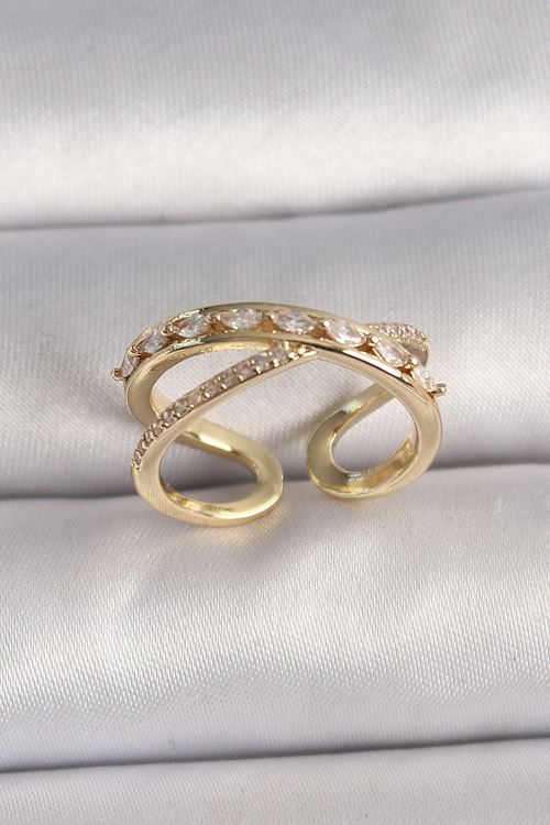 Pirinç Gold Renk Zirkon Taşlı Ayarlanabilir Kadın Yüzük