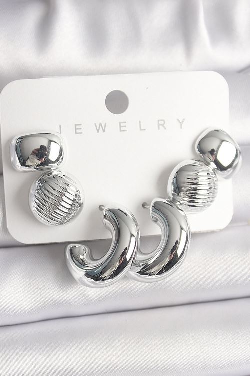 Gümüş Renk İşlemeli Daire Halka Model CCB Platik Kadın Küpe Seti