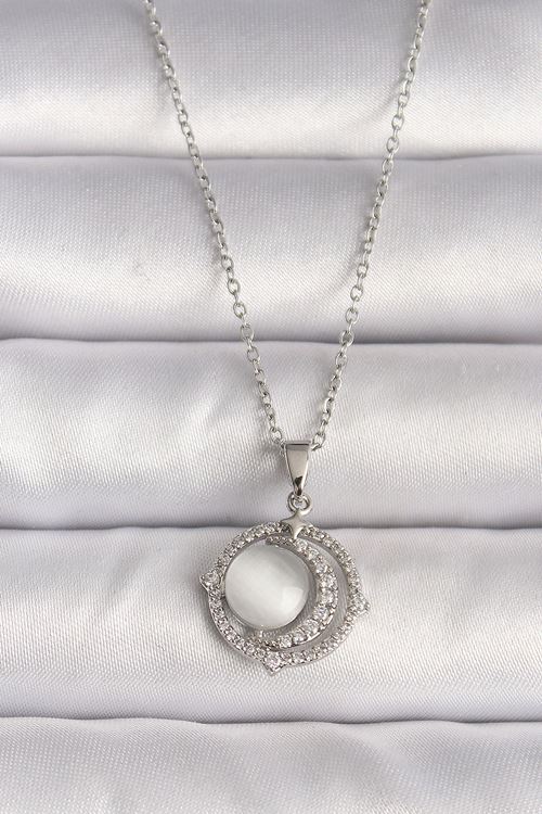 316L Çelik Gümüş Renk Zirkon Taşlı Beyaz Sedefli Hilal Model Kadın Kolye