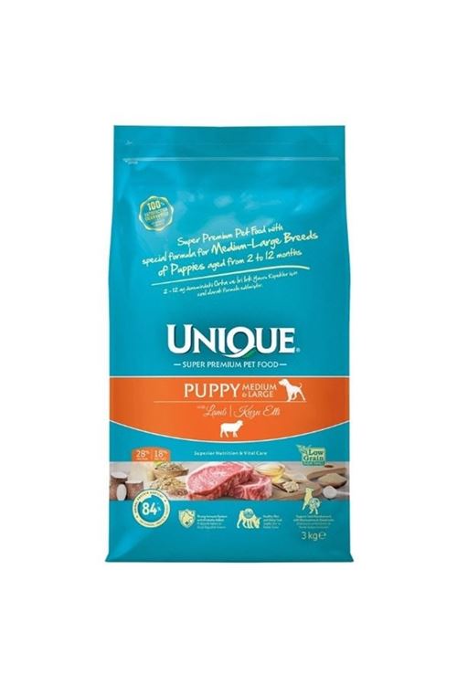 Unique Kuzu Etli Orta ve Büyük Irk Düşük Tahıllı Yavru Köpek Maması 3 Kg