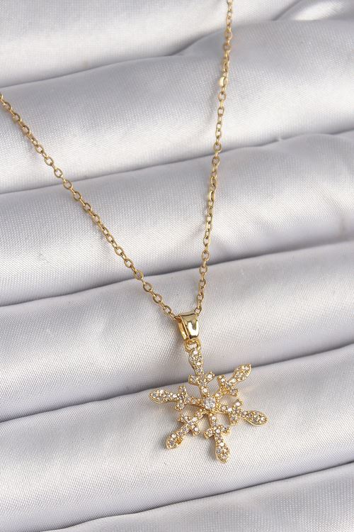 316L Çelik Gold Renk Zincir Zirkon Taşlı Kar Tanesi Model Kadın Kolye