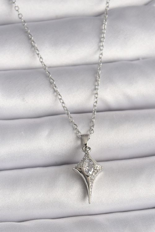 316L Çelik Gümüş Renk Zincir Zirkon Taşlı Kuzey Yıldızı Model Kadın Kolye