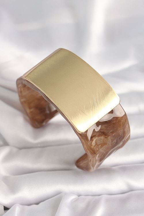 Kahverengi Mermer Desen Akrilik Platik Gold Dikdörtgen Plaka Model Vintage Kadın Bilezik