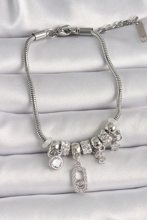 Pirinç Gümüş Renk Zincir Sallantı Zirkon Taşlı Messika Figür Yıldız Detay Kadın Bileklik