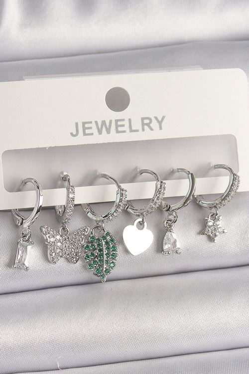 Pirinç Gümüş Renk Zirkon Taşlı Çoklu Figür Kadın Küpe Seti