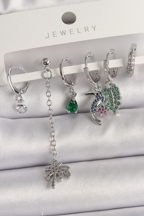 Pirinç Gümüş Renk Sallantı Zirkon Taşlı Ağaç Figür Çoklu Kadın Küpe Seti