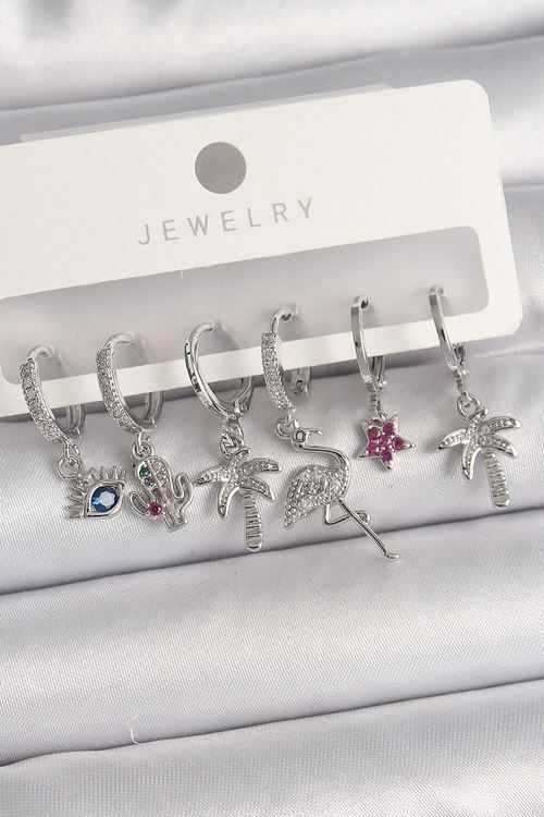 Pirinç Gümüş Renk Sallantı Zirkon Taşlı Deve Kuşu Figür Çoklu Kadın Küpe Seti