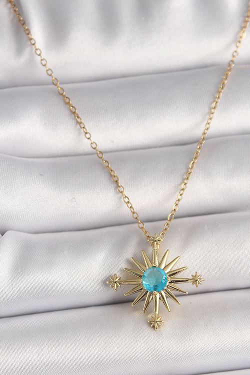 316L Çelik Gold Renk Zincir Mavi Taş Detaylı Kuzey Yıldız Model Kadın Kolye