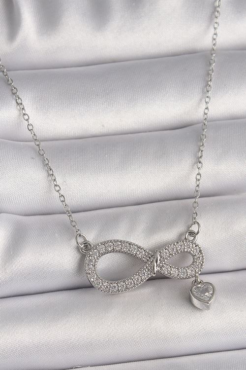 316L Çelik Gümüş Renk Zincir Zirkon Taşlı Sonsuzluk Model Taşlı Kalp Detay Kadın Kolye