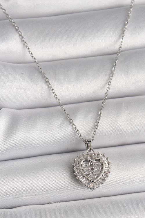 316L Çelik Gümüş Renk Zincir Zirkon Taşlı Kalp Model Kadın Kolye