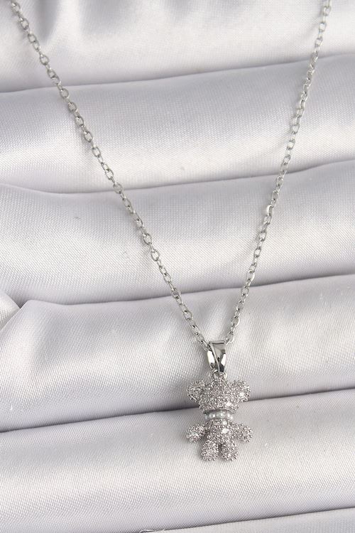 316L Çelik Gümüş Renk Zincir Zirkon Taşlı Ayıcık Figür Kadın Kolye