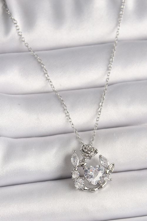 316L Çelik Gümüş Renk Zincir Zirkon Taşlı Kalp Figür Gül Detay Kadın Kolye