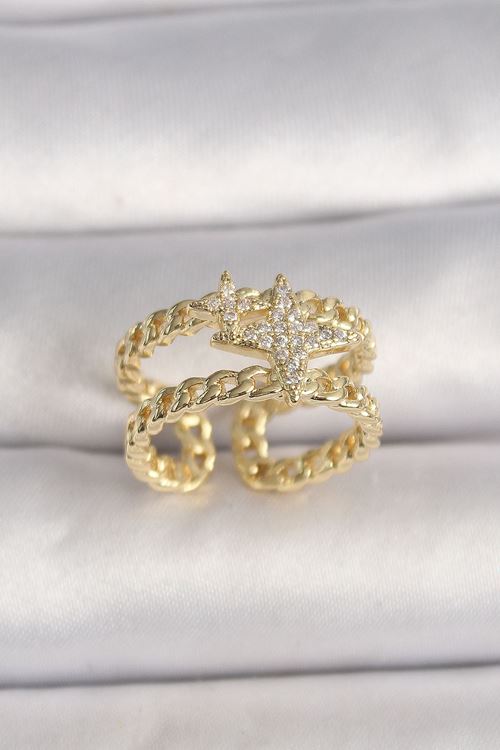 Pirinç Gold Renk 2'Li Zincir Zirkon Taşlı Yıldız Figür Kadın Yüzük