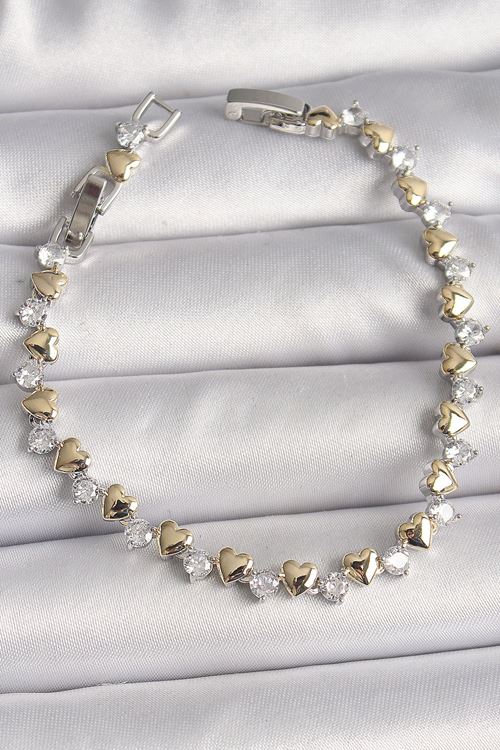 Pirinç Gümüş Renk Zirkon Taşlı Gold Kalpli VIP Seri Kadın Bileklik