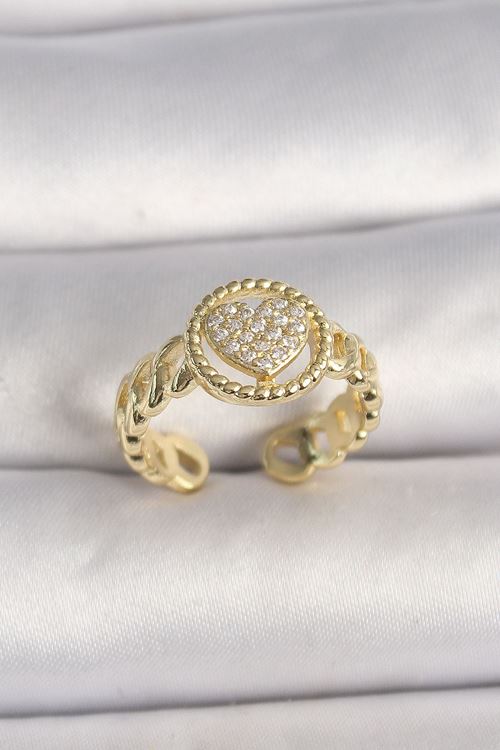Pirinç Gold Renk Ayarlanabilir Zirkon Taşlı Kalp Model Kadın Yüzük
