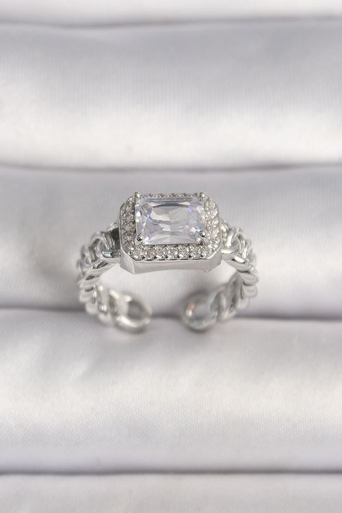 Pirinç Gümüş Renk Ayarlanabilir Zincir Kare Zirkon Taşlı Kadın Yüzük