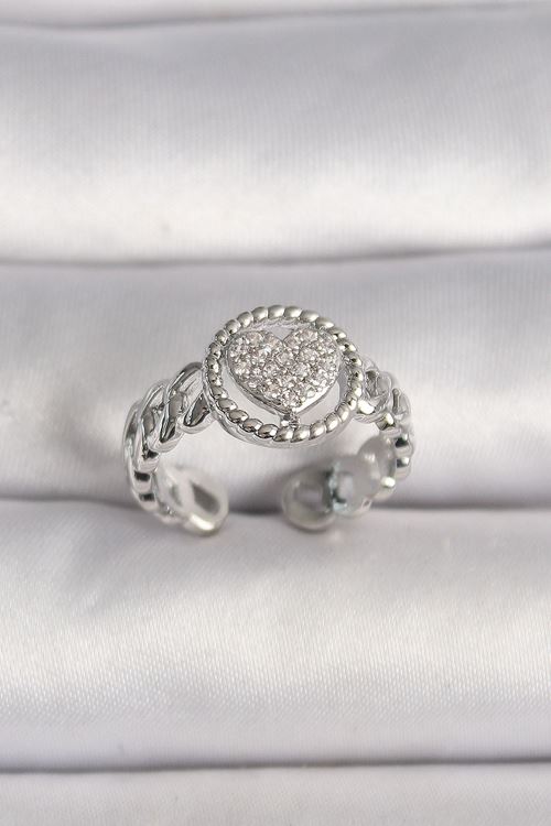 Pirinç Gümüş Renk Zincir Model Zirkon Taşlı Kalp Model Kadın Yüzük