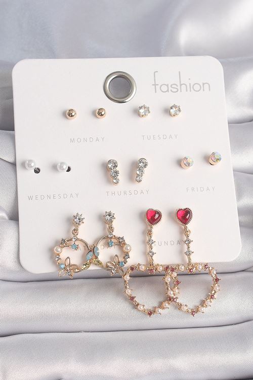 Pirinç Gold Renk Zirkon Taşlı Sallantı Kalp Figür 7 Çift Kadın Küpe Seti