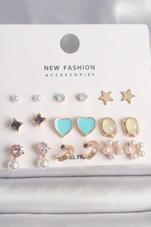 Pirinç Gold Renk Zirkon Taşlı İncili Çiçek Mavi Kalp Figür 9 Çift Kadın Küpe Seti