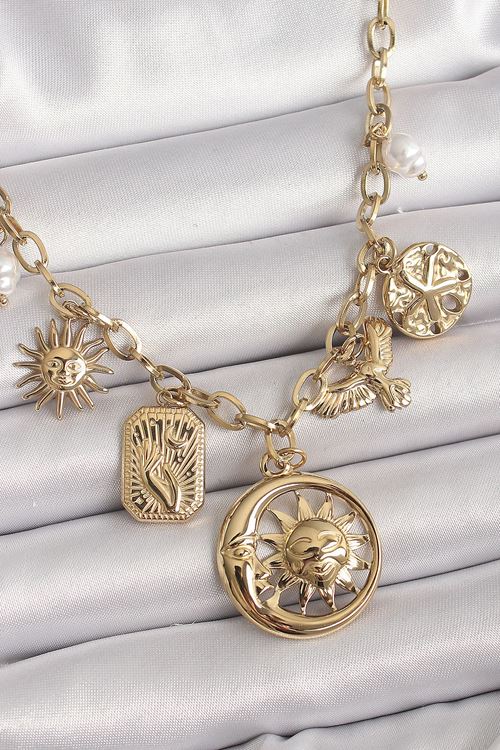 316L Çelik Gold Renk Halka Zincir Sallantı Ay Güneş Figür Kuş Detay Kadın Kolye