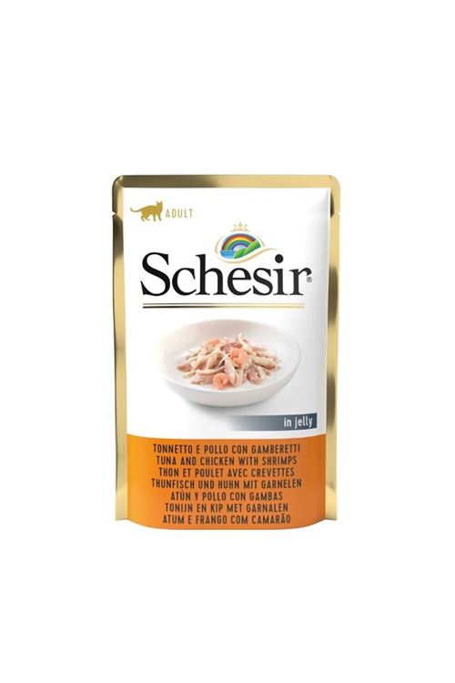 Schesir Jöleli Pouch Ton Balık ve Tavuklu Yetişkin Konserve Kedi Maması 85 Gr