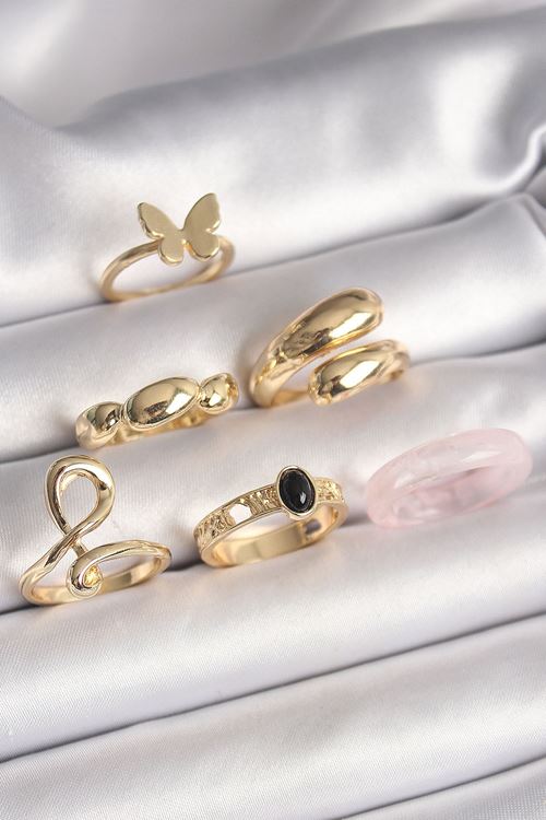 Pirinç Gold Renk Kelebek Figür Sarmal Model 6'Lı Kadın Yüzük Seti