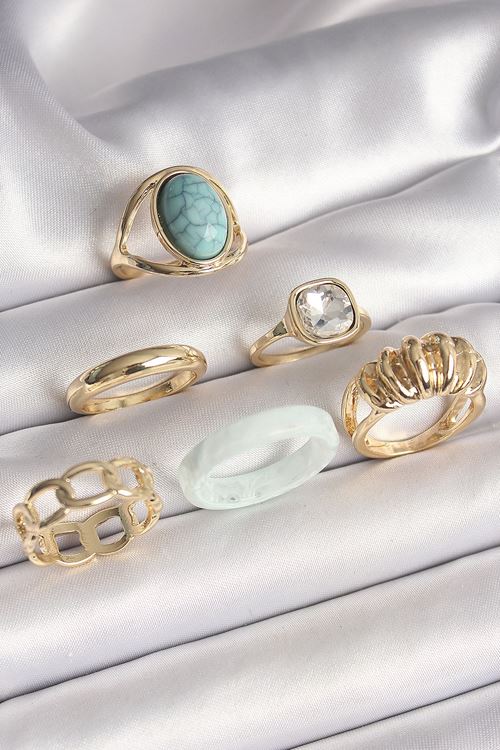 Pirinç Gold Renk Kare Zirkon Taşlı Sarmal Model Mavi Taş Detay 6'Lı Kadın Yüzük Seti