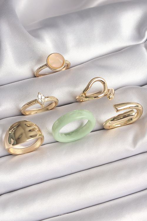 Pirinç Gold Renk Zirkon Taşlı Daire Pembe Mineli Detay 6'Lı Kadın Yüzük Seti