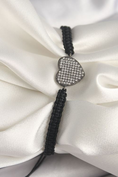 Pirinç Füme Renk Zirkon Taşlı Kalp Figür Asansörlü Makrome Model Kadın Bileklik