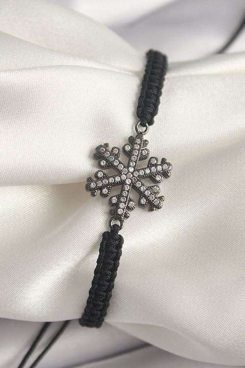 Pirinç Füme Renk Zirkon Taşlı Kar Tanesi Figür Makrome Asansörlü Model Kadın Bileklik