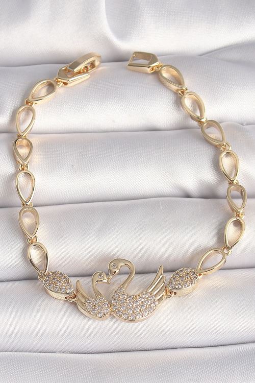 Pirinç Gold Renk Zirkon Taşlı Kuğu Figür Damla Zincir Model Kadın Bileklik
