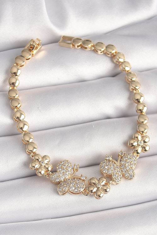 Pirinç Gold Renk Zirkon Taşlı Kelebek Figür Çiçek Zincir Model Kadın Bileklik