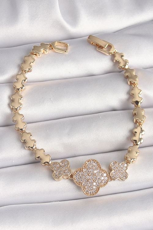 Pirinç Gold Renk Zirkon Taşlı Yonca Model Zincir Kadın Bileklik