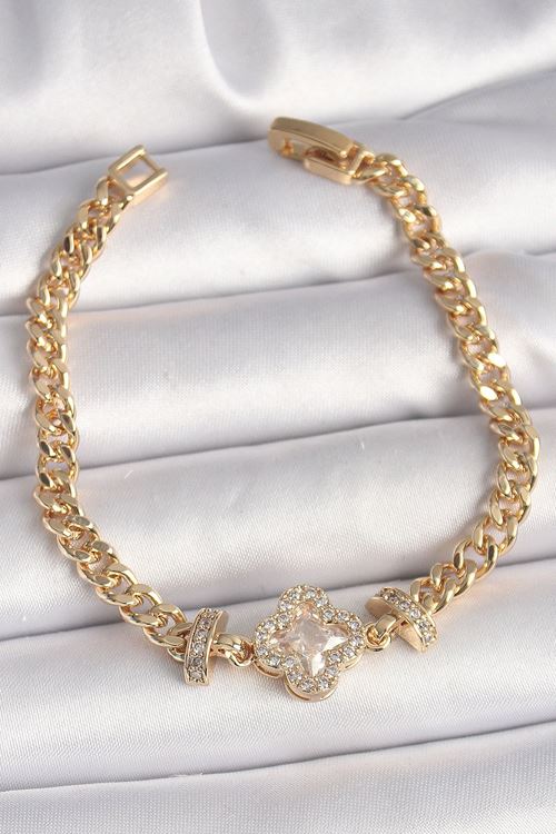 Pirinç Gold Renk Zirkon Taşlı Yonca Figür Zincir Model Kadın Bileklik
