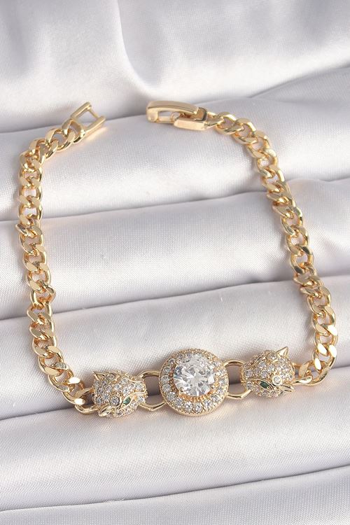 Pirinç Gold Renk Zirkon Taşlı Leopar Figür Zincir Model Kadın Bileklik