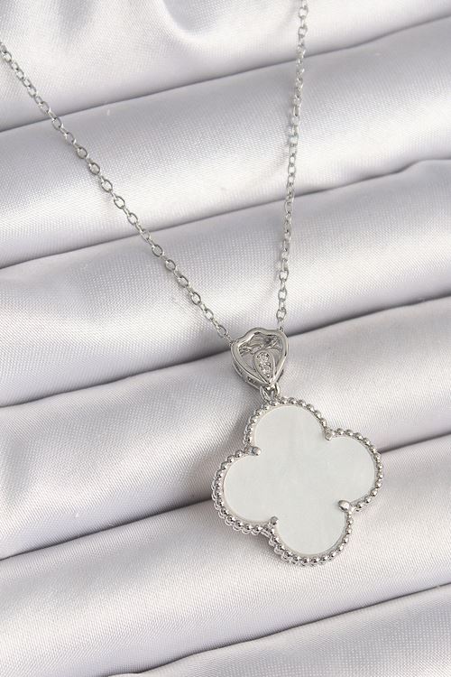 316L Çelik Gümüş Renk Zincir Zirkon Taş Detaylı Beyaz Yonca Model Kadın Kolye