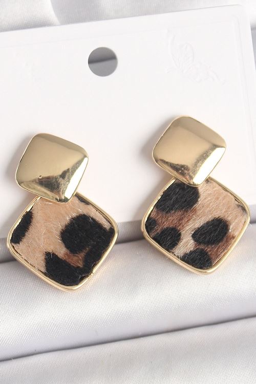 Pirinç Gold Renk Sallant Kare Leopar Desen Model Kadın Küpe