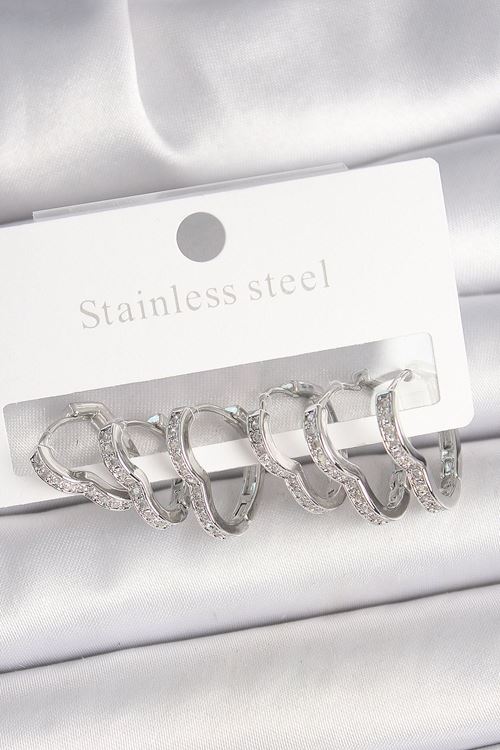 Pirinç Gümüş Renk Zirkon Taşlı 3 Çift Kalp Model Kadın Küpe