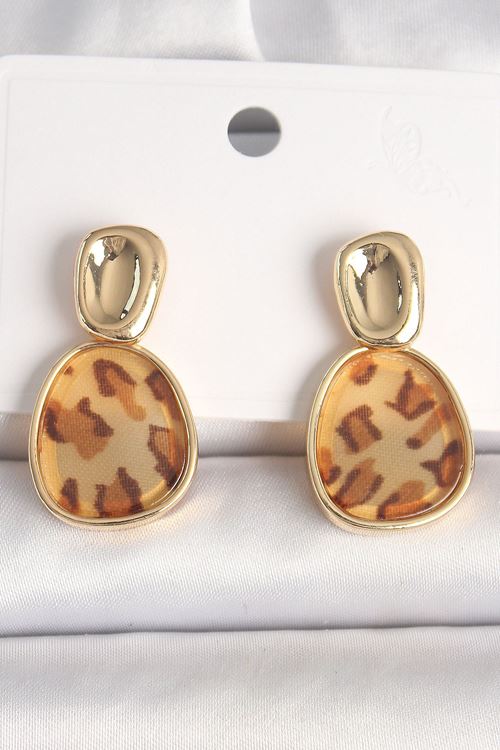 Pirinç Gold Renk Sallantı Leopar Desen Kare Model Kadın Küpe