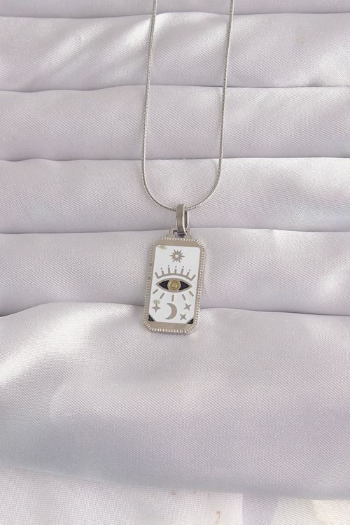 316L Çelik Gümüş Renk Beyaz Mineli Göz Figür Tarot Kolye