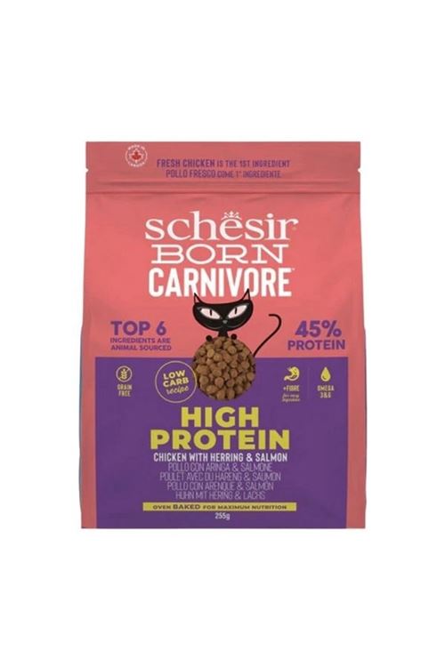 Schesir Born Carnivore Tavuklu Somonlu ve Ringa Balıklı Yetişkin Kedi Maması 255 Gr