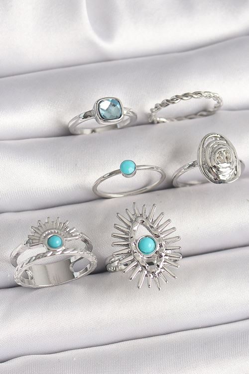 Pirinç Gümüş Renk Mavi Taşlı Kare Zirkon Taş Detaylı Kadın Yüzük Kombini