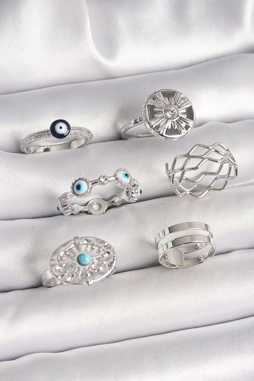 Pirinç Gümüş Renk Nazar Boncuk Zirkon Taş Detaylı Dalga Figür Kadın Yüzük Kombini